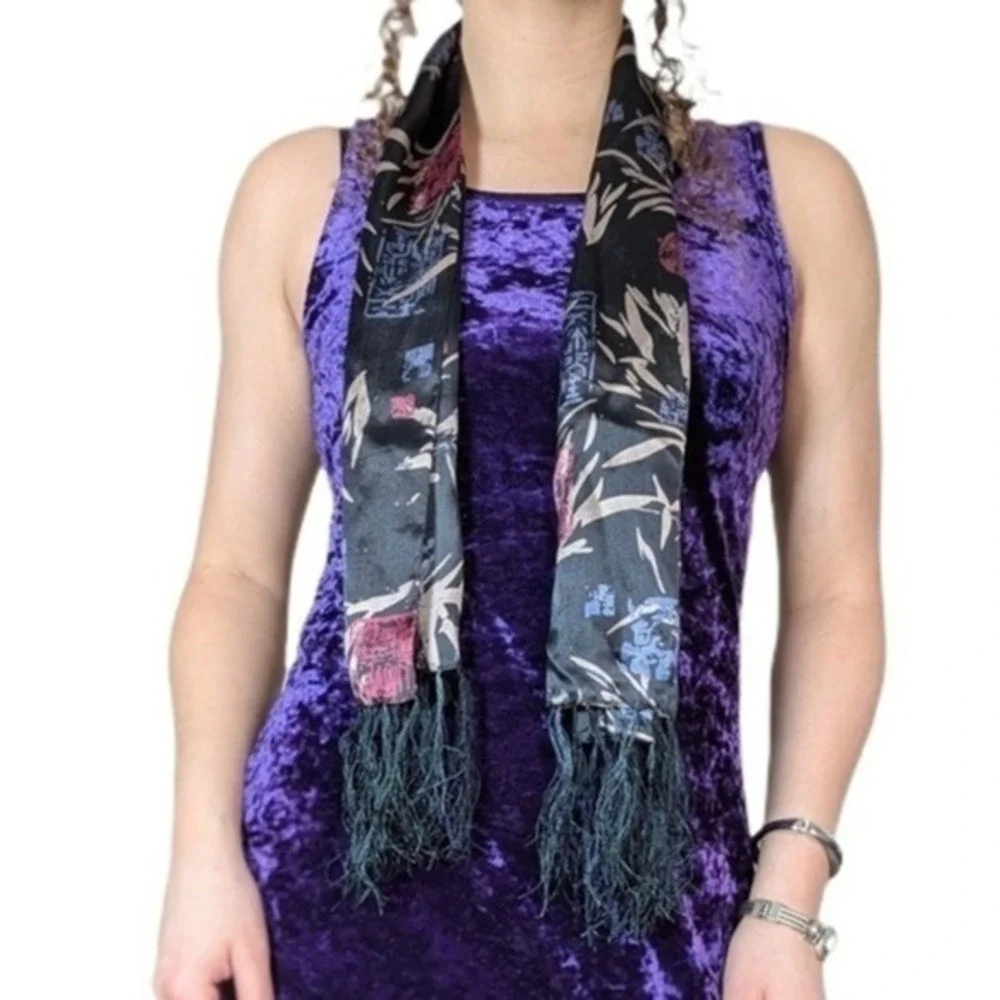Vintage Y2K 90s Boho Eccentric Eastern Asia Print Tassel Fringe Satin Silk Scarf